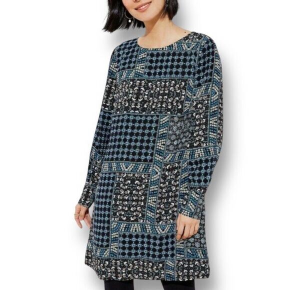 LOFT Petites 6P Blue Patchwork Mini Dress Boho Artsy Long Sleeve Whimsigoth - Picture 1 of 9